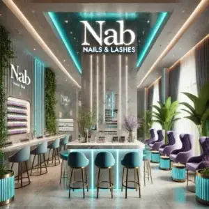 A luxurious 3D rendering of a modern nail salon interior with a white, turquoise, teal, gradient gold, and purple color palette. The design features polished marble floors, gradient gold accents, plush purple chairs, turquoise and teal manicure stations, vibrant nail polish displays, and a stylish waiting area with purple and teal decor elements.