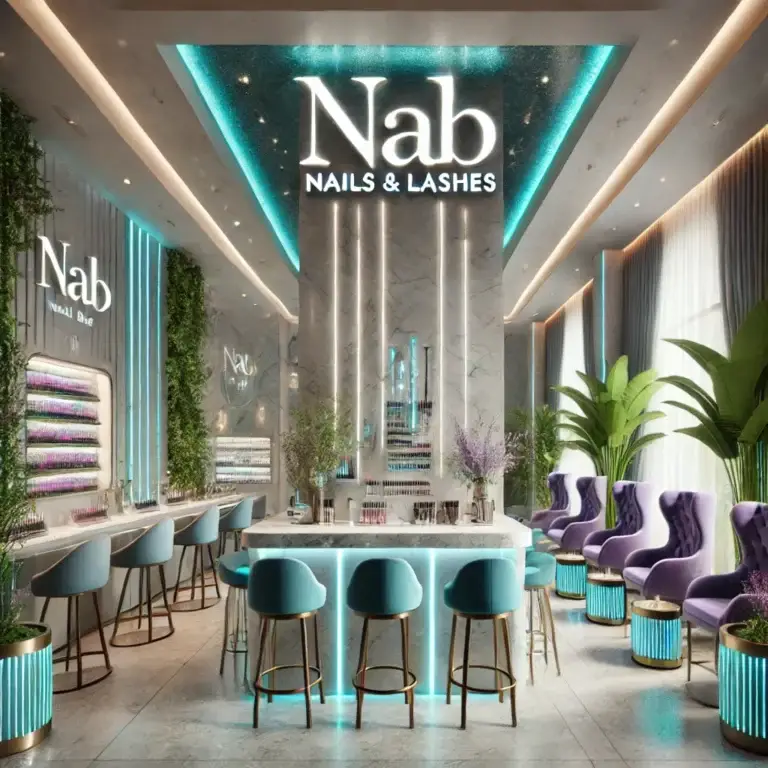 Modern Nail Salon Interior in Luxurious White Turquoise Teal and Purple Palette Nab Nail Bar | Nails Lashes and Beauty in Las Vegas A luxurious 3d rendering of a modern nail salon interior with a white turquoise teal gradient gold and purple color palette The design features polished marble floors gradient gold accents plush purple chairs turquoise and teal manicure stations vibrant nail polish displays and a stylish waiting area with purple and teal decor elements Nab nail bar | nails lashes and beauty in las vegas