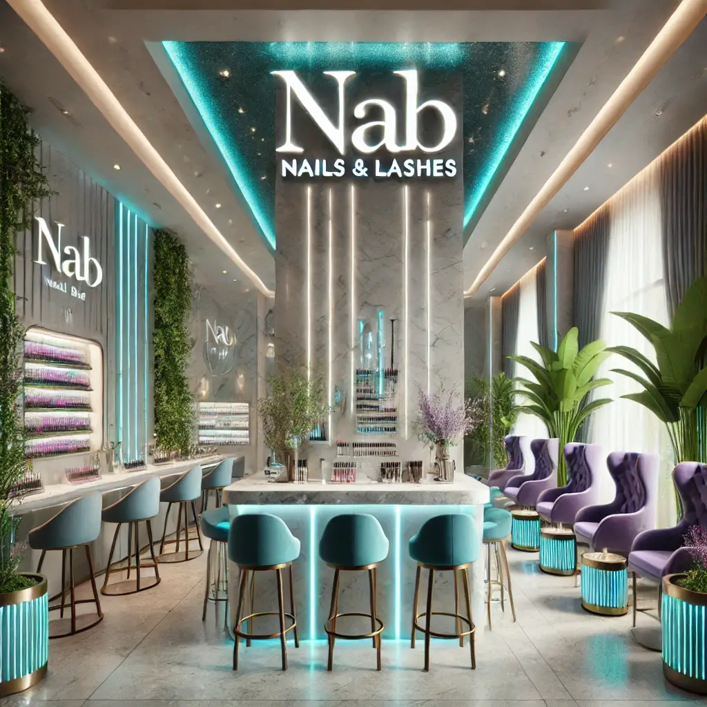 A luxurious 3D rendering of a modern nail salon interior with a white, turquoise, teal, gradient gold, and purple color palette. The design features polished marble floors, gradient gold accents, plush purple chairs, turquoise and teal manicure stations, vibrant nail polish displays, and a stylish waiting area with purple and teal decor elements.