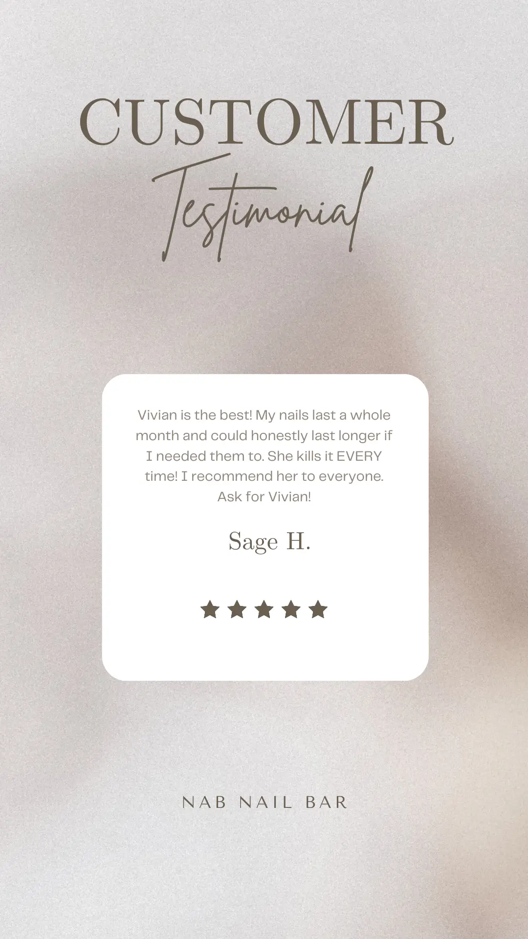 5-star customer review for Vivian, top nail technicians at NAB Nail Bar, praising her exceptional service and expertise in Gel-X nails and nail art.