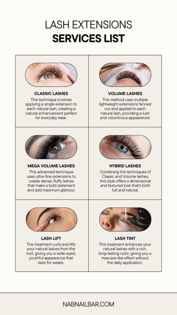 Explore lash extension styles, including classic, hybrid, volume, and mega volume, at NAB Nail Bar in Las Vegas.