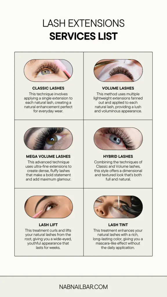 Explore lash extension styles, including classic, hybrid, volume, and mega volume, at NAB Nail Bar in Las Vegas. Classic lashes guide