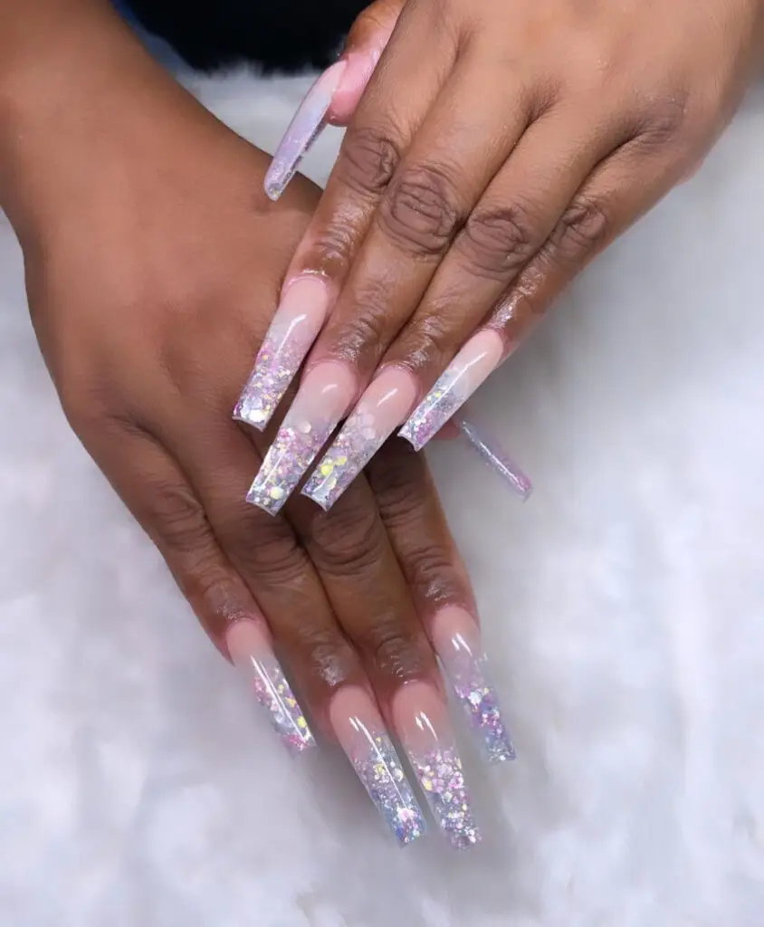 Long pink coffin acrylic full set with lilac glitter tips at NAB Nail Bar, Las Vegas