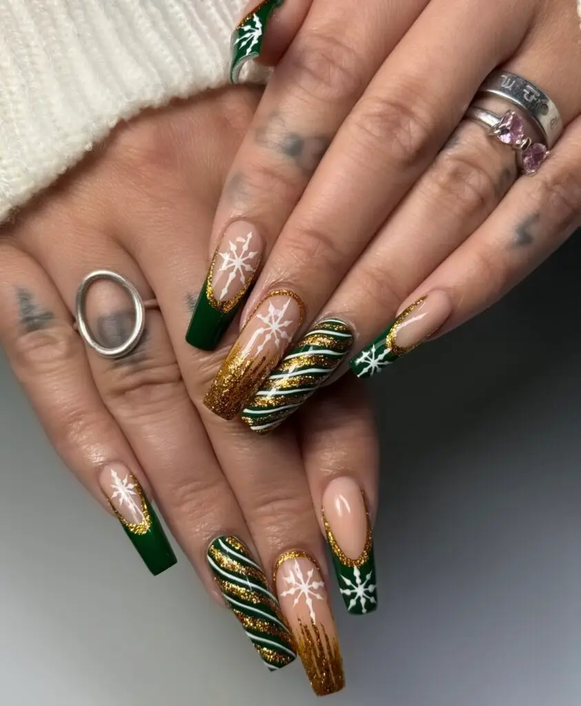 Green and Gold Christmas Nails - Luxury Nail Treatment