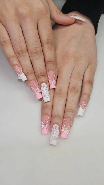 Jimmy 3d nail art pink bows nail art trending in las vegas with pink and white nail art acrylic nail set