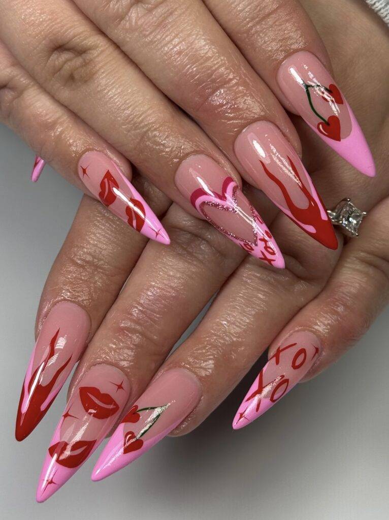 Valentine’s Day nail art featuring romantic designs on square-shaped nails, available in Las Vegas.