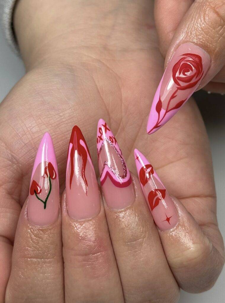 Stylish Valentine’s Day nails featuring pink French tips and flame designs with hearts, designed for a trendy and romantic look in Las Vegas.