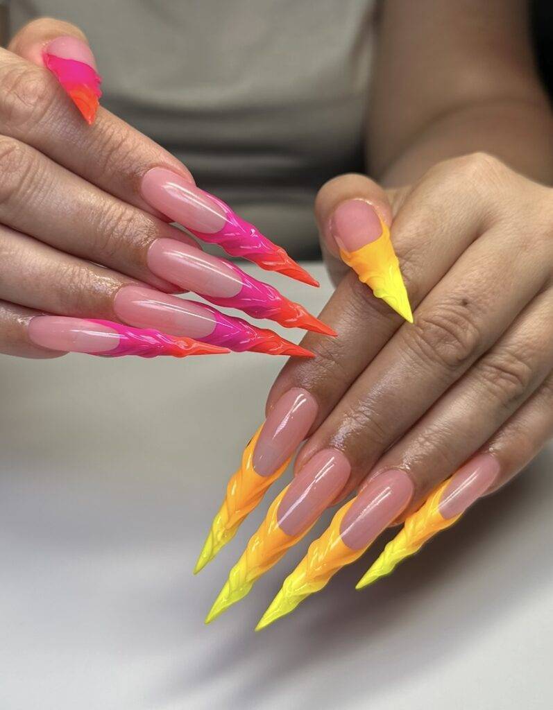 Neon pink, orange and yellow ombre stiletto acrylic full set at NAB Nail Bar, Las Vegas