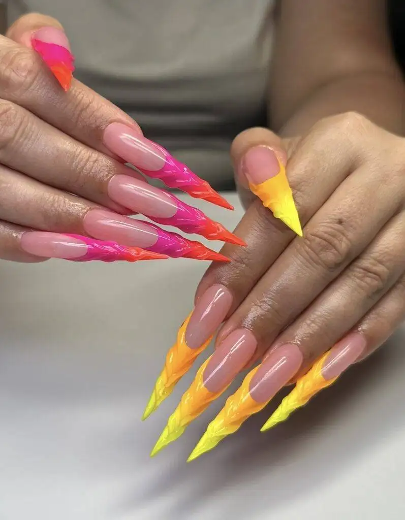 Neon pink, orange and yellow ombre stiletto acrylic full set at NAB Nail Bar, Las Vegas