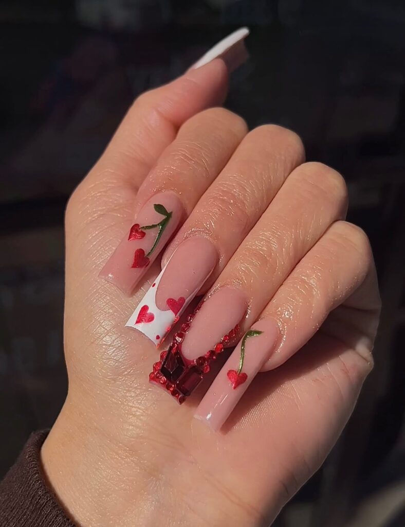 Nude Acrylic Nails with Cherry Nail Art & French Tips