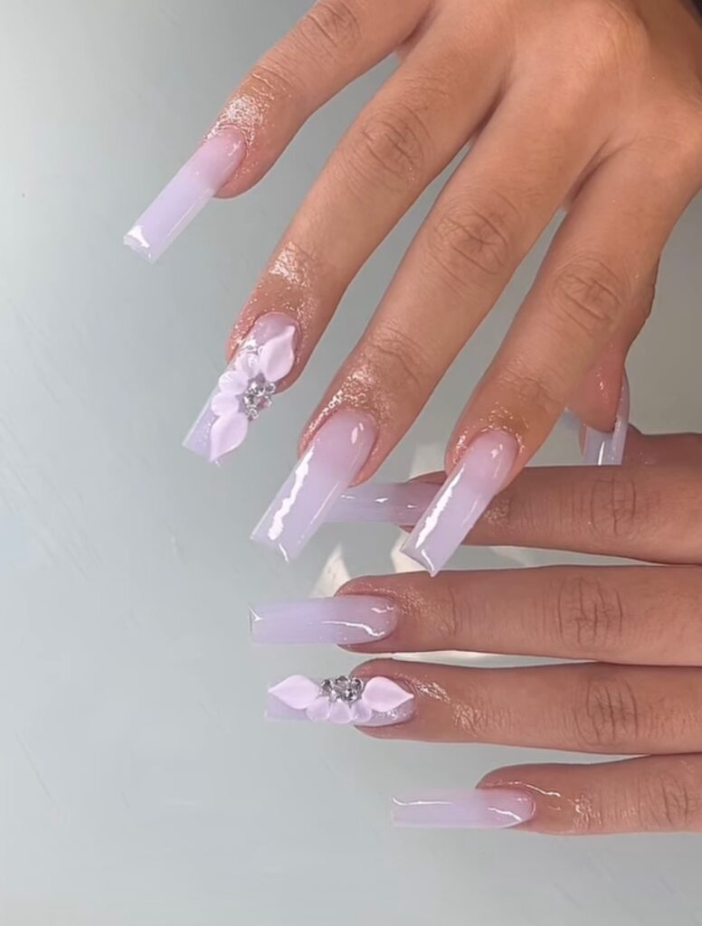 Lavender Acrylic Nails with 3D Floral Designs