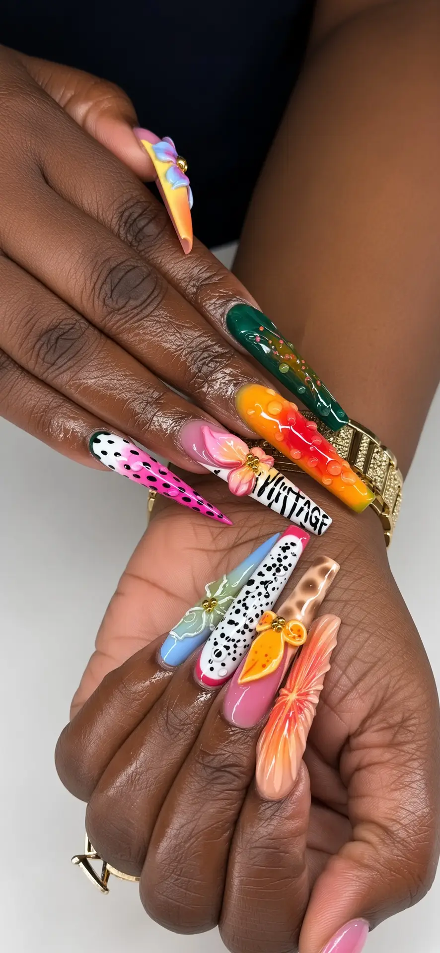 Long sculpted acrylic nails with 3D tropical leopard and floral nail art by Lundin at NAB Nail Bar Las Vegas