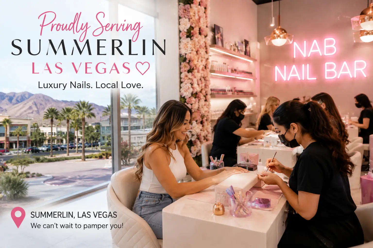 Woman getting a manicure at a pink-lit nail bar, with staff applying nail polish as others work in the background; neon NAB NAIL BAR sign visible.