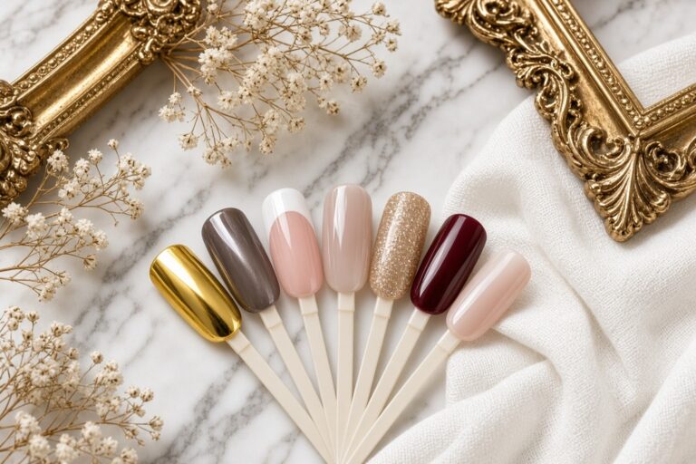 Nail polish swatches on white sticks fanned out gold metallic taupe pale pink nude glitter gold burgundy and light pink on a marble surface with dried flowers and ornate gold frames Nab nail bar | nails lashes and beauty in las vegas