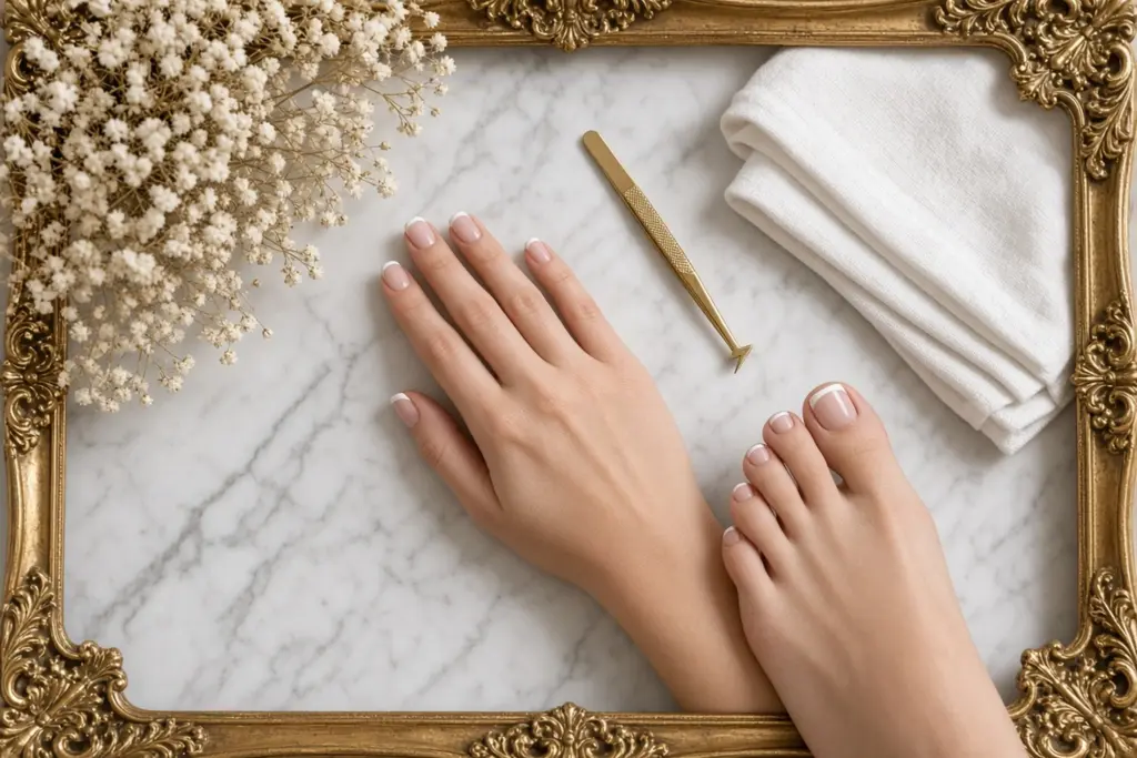 Glam and Glow Combo French Tip Nails Pedi Brow and Lip Wax Las Vegas Nab Nail Bar | Nails Lashes and Beauty in Las Vegas Hands with a french manicure resting on a marble surface inside an ornate gold frame with a gold cuticle tool and white towel nearby Nab nail bar | nails lashes and beauty in las vegas