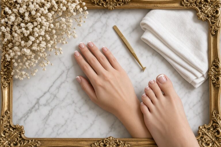 Hands with a french manicure resting on a marble surface inside an ornate gold frame with a gold cuticle tool and white towel nearby Nab nail bar | nails lashes and beauty in las vegas