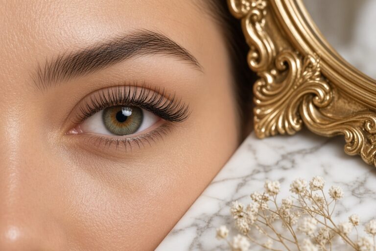 Close up of a womans eye with long lashes and neutral makeup beside a gold ornate frame on a marble surface with dried flowers Nab nail bar | nails lashes and beauty in las vegas