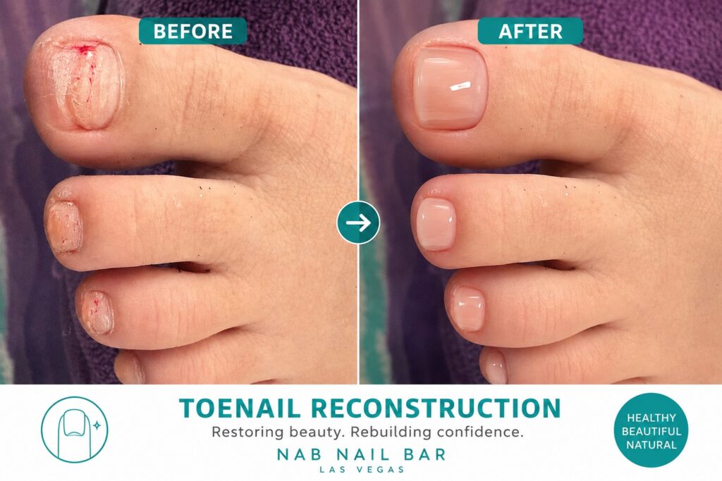 Before and after comparison of a damaged toenail left and a healthy polished toenail right for nail reconstruction therapy Nab nail bar | nails lashes and beauty in las vegas