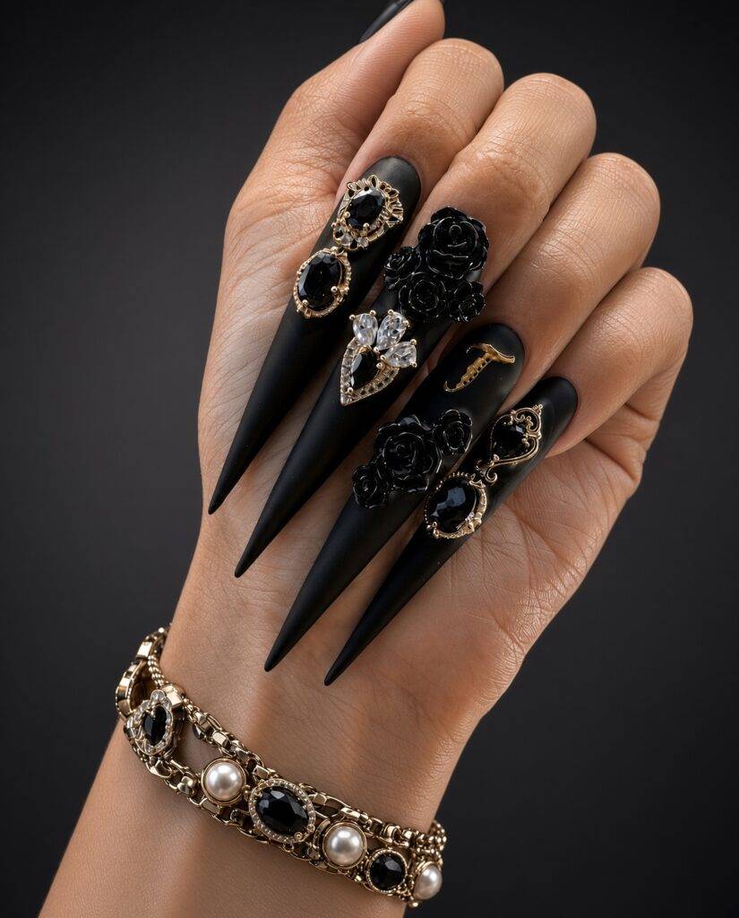 Black stiletto nails with 3D roses gold charms and crystals at NAB Nail Bar in Las Vegas