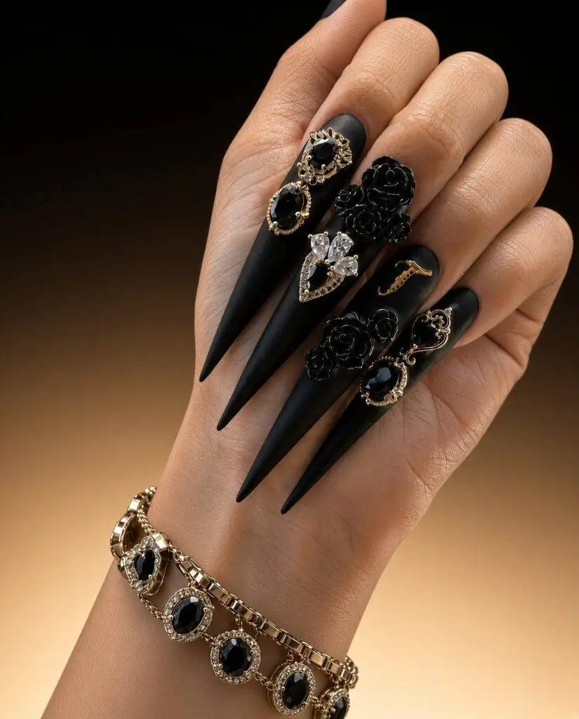 Acrylic nails with gold and black nail art at NAB Nail Bar Las Vegas