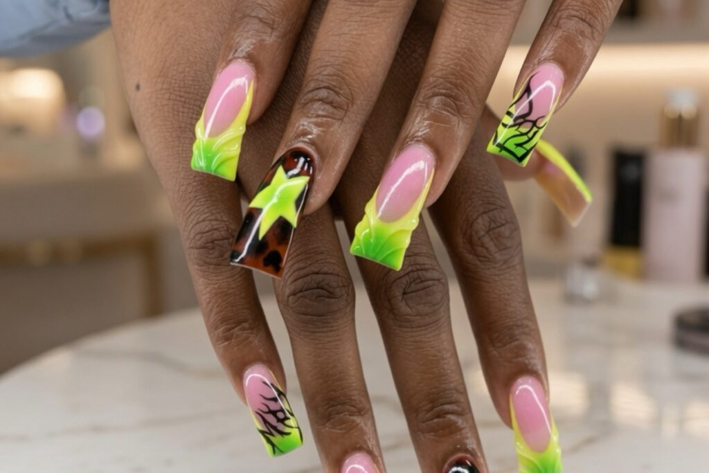 Long duck nails in neon green and pink with animal print accent nails flaring out well past the natural nail width nab nail bar | nails lashes and beauty in las vegas