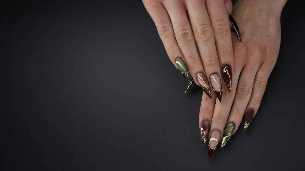 Olive, burgundy and gold geometric acrylic nails at NAB Nail Bar in Las Vegas
