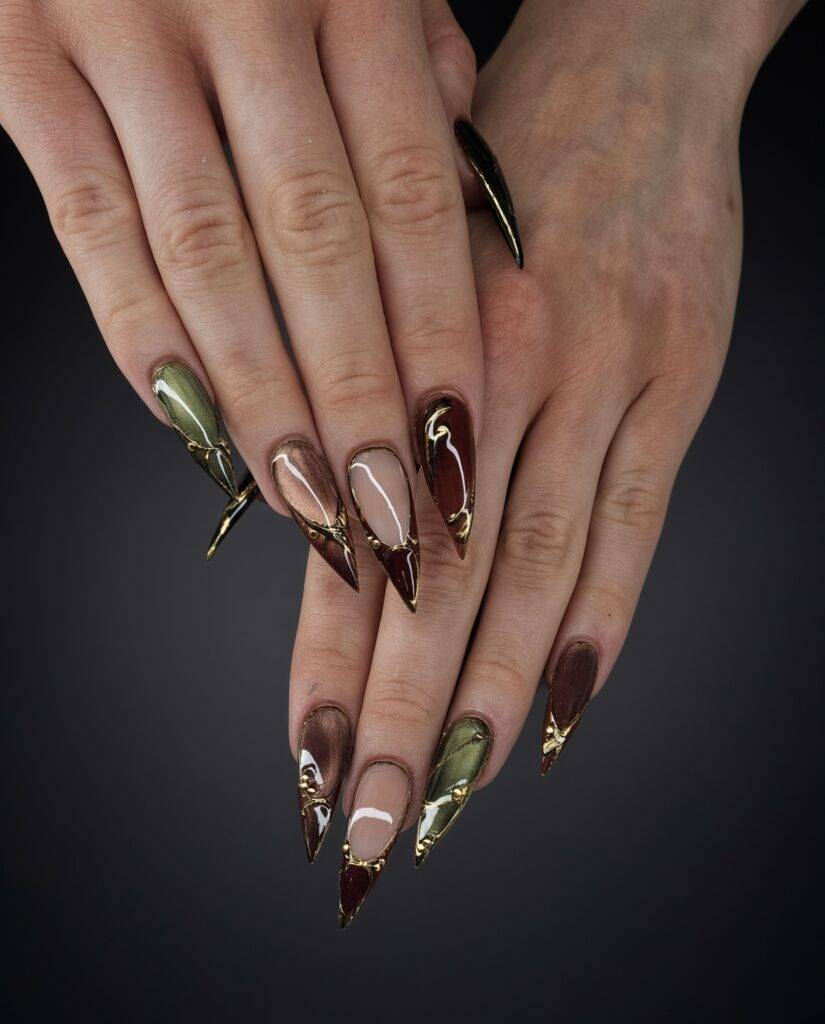 Olive, burgundy and gold geometric custom nail art at NAB Nail Bar in Las Vegas