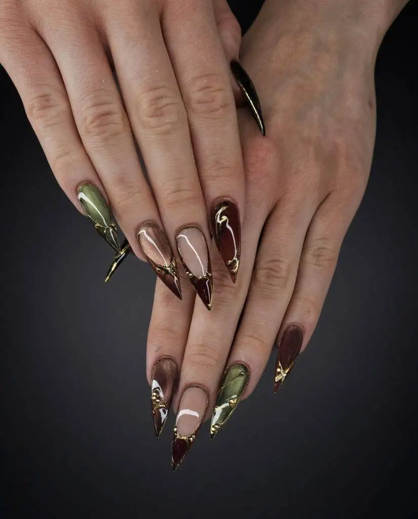 Olive, burgundy and gold geometric acrylic nails at NAB Nail Bar in Las Vegas