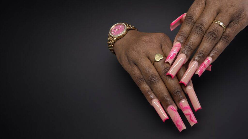 Pink marble french nails at NAB Nail Bar in Las Vegas