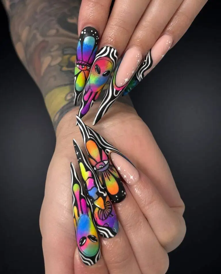 nab-art-psychedelic-alien-mobile Hand painted psychedelic alien nail art on ultra-long stiletto nails in rainbow colours, done at NAB Nail Bar in Las Vegas