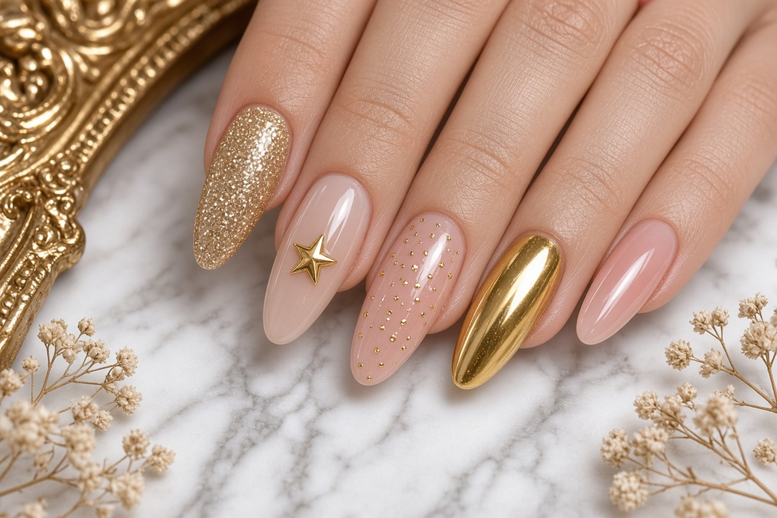 Close-up of birthday nails in nude with a gold glitter accent at NAB Nail Bar in Las Vegas