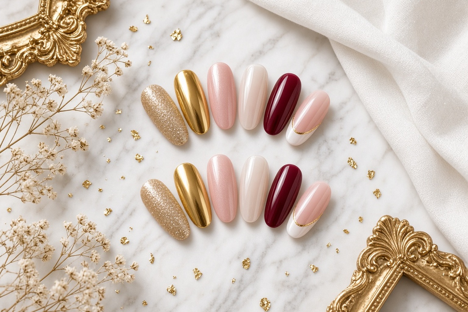 Birthday nail colour ideas in nude, gold and glitter finishes at NAB Nail Bar in Las Vegas