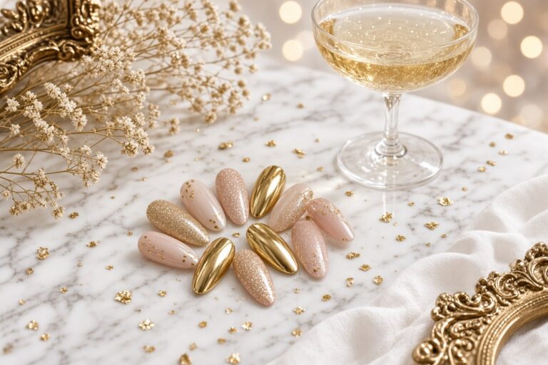 Birthday party nails in nude and gold glitter at nab nail bar in las vegas nab nail bar | nails lashes and beauty in las vegas