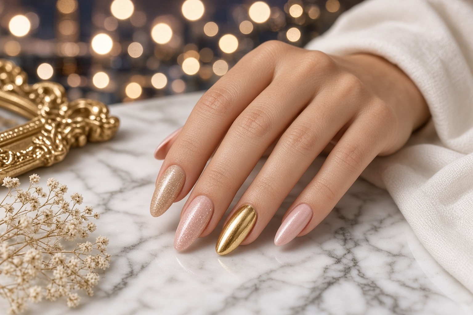 Hand wearing a birthday manicure with gold glitter accent nails at NAB Nail Bar in Las Vegas