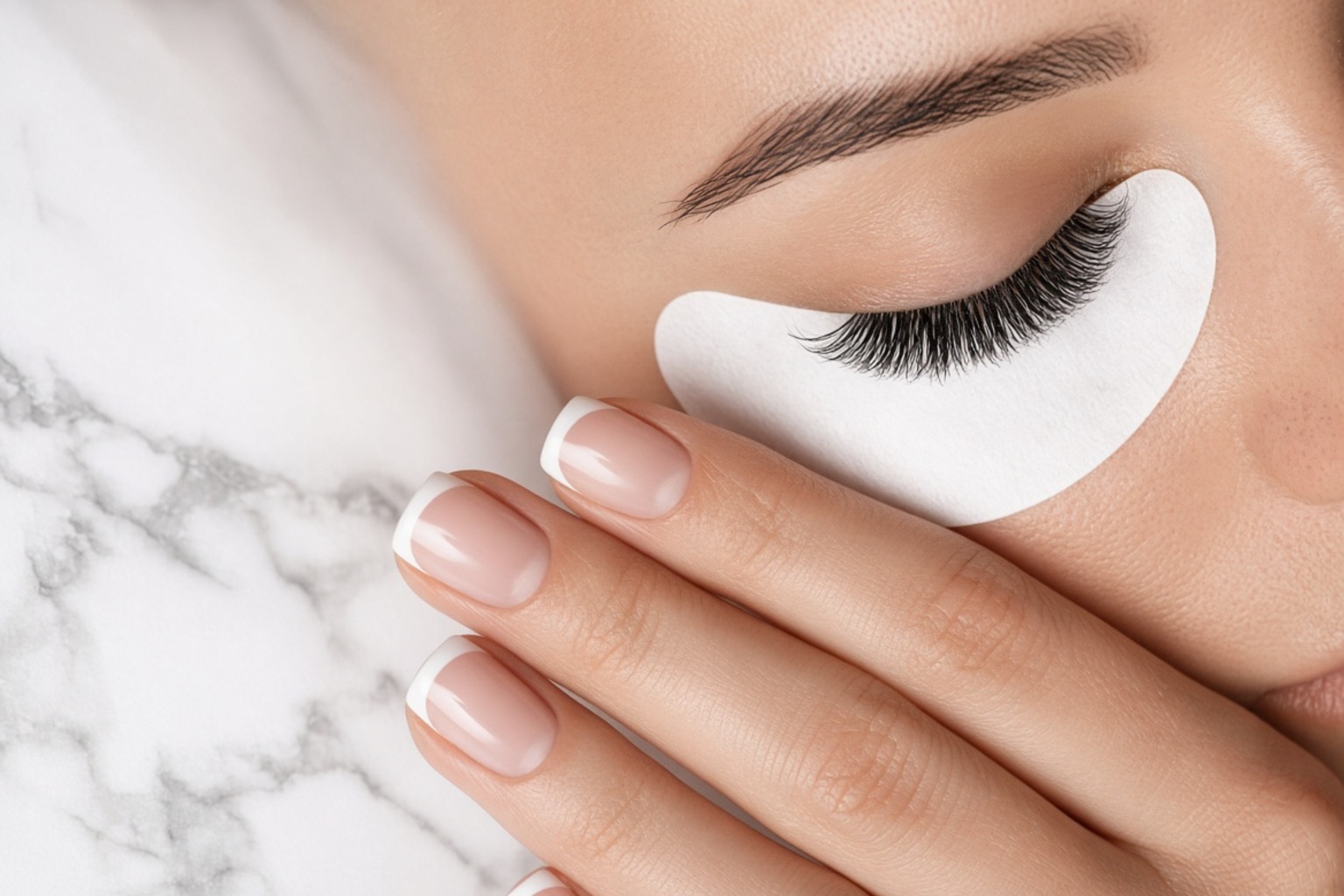 Close up of a womans eye with eyelash extensions and a white under eye patch resting on the skin with manicured nails nearby Nab nail bar | nails lashes and beauty in las vegas