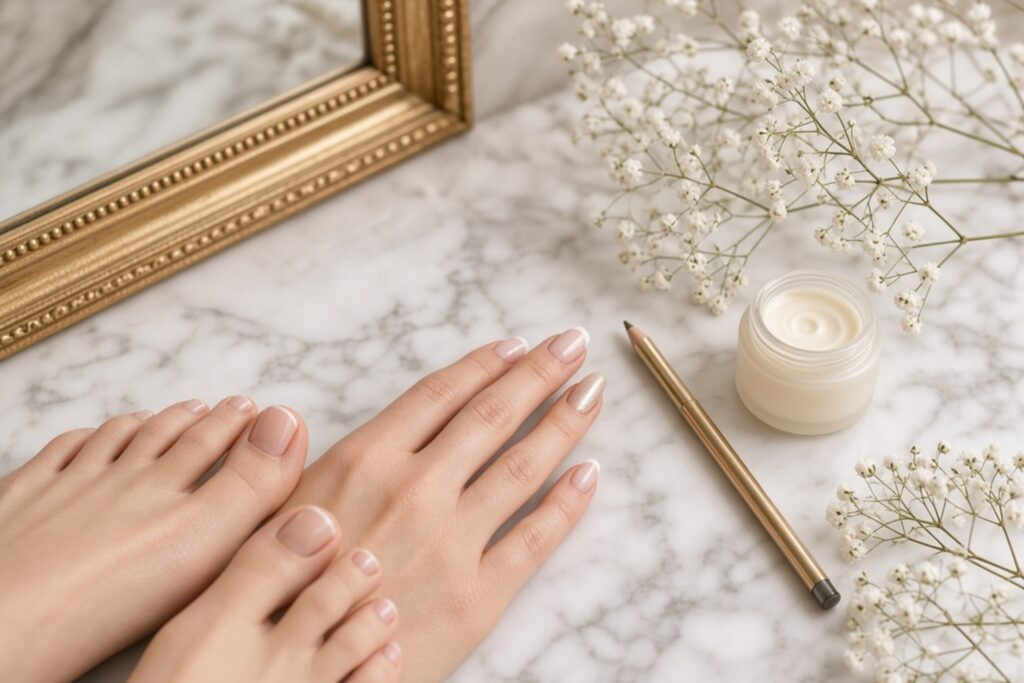 Manicure and pedicure setup on a marble surface neatly polished nails a jar of cream a gold tone pencil and delicate white babys breath flowers Nab nail bar | nails lashes and beauty in las vegas