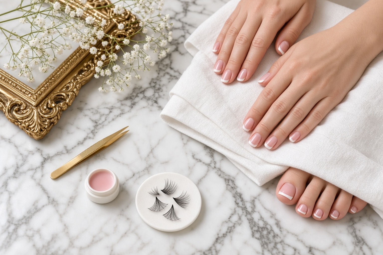 Hands with a french manicure resting on a white towel beside pink gel gold cuticle tool false eyelashes on a marble surface with a decorative gold frame and white flowers Nab nail bar | nails lashes and beauty in las vegas