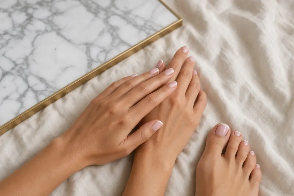 Nabblogbeautyrefreshhand1536x1024 Nab Nail Bar | Nails Lashes and Beauty in Las Vegas Hands with neatly manicured pink nails resting on a white sheet beside a marble tabletop with a gold edge conveying grooming and self care nab nail bar | nails lashes and beauty in las vegas
