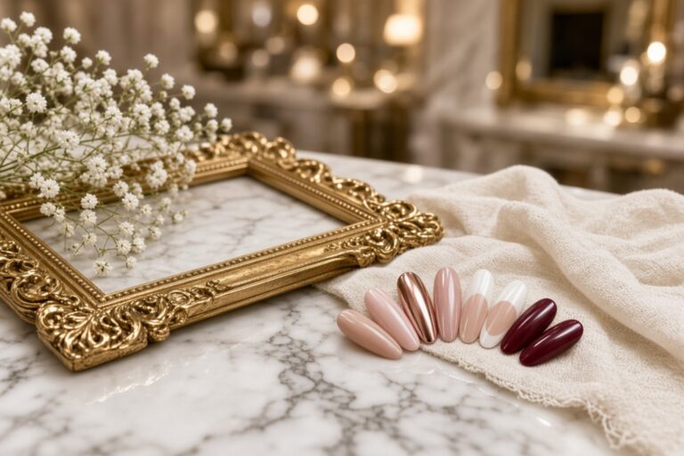 Marble table with a gold ornate frame white babys breath and a row of nude to burgundy gel nails on a beige towel Nab nail bar | nails lashes and beauty in las vegas