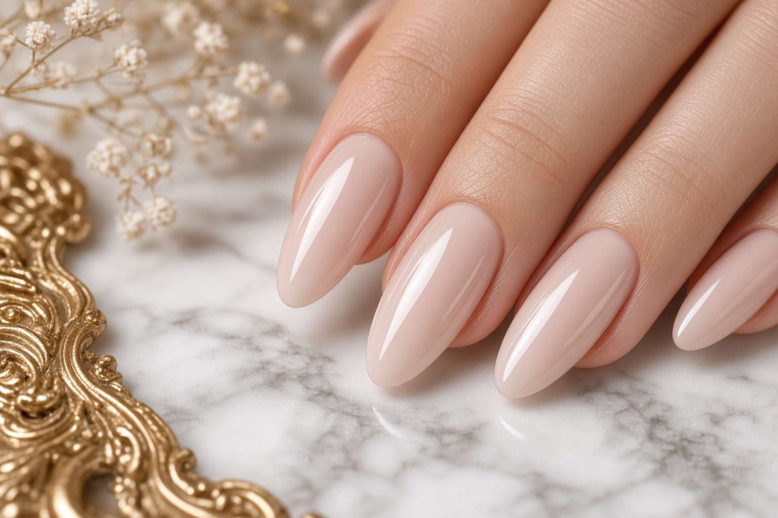 Close-up of builder gel nails in a natural nude finish at NAB Nail Bar in Las Vegas