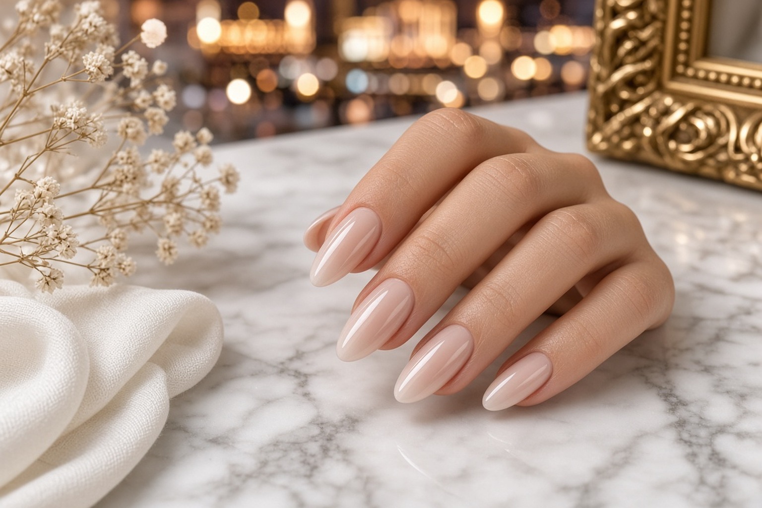 Hand wearing a builder gel manicure in a natural almond shape at NAB Nail Bar in Las Vegas