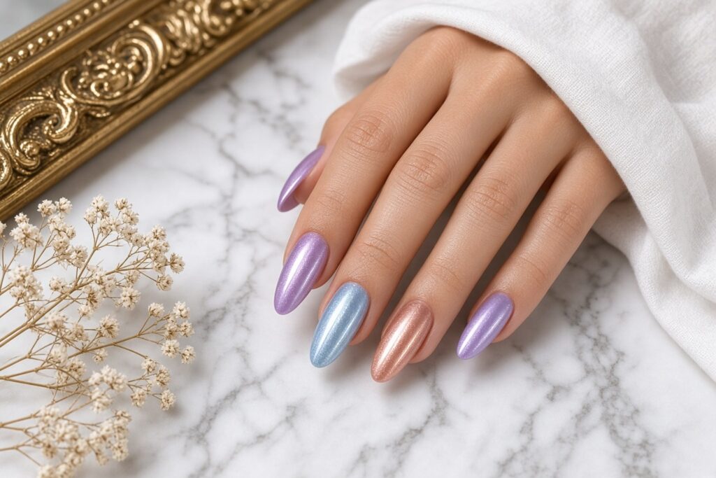 Cat Eye Manicure on Hand Nab Nail Bar Las Vegas Nab Nail Bar | Nails Lashes and Beauty in Las Vegas Hand wearing a pastel chrome cat eye manicure at nab nail bar in las vegas nab nail bar | nails lashes and beauty in las vegas
