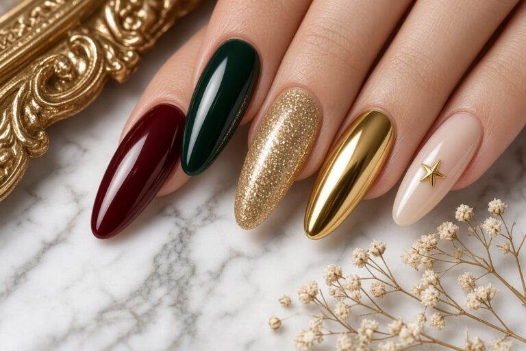 Luxury Christmas Manicure Close Up Nab Nail Bar Las Vegas Nab Nail Bar Close up of a luxury christmas manicure in festive tones at nab nail bar in las vegas nab nail bar