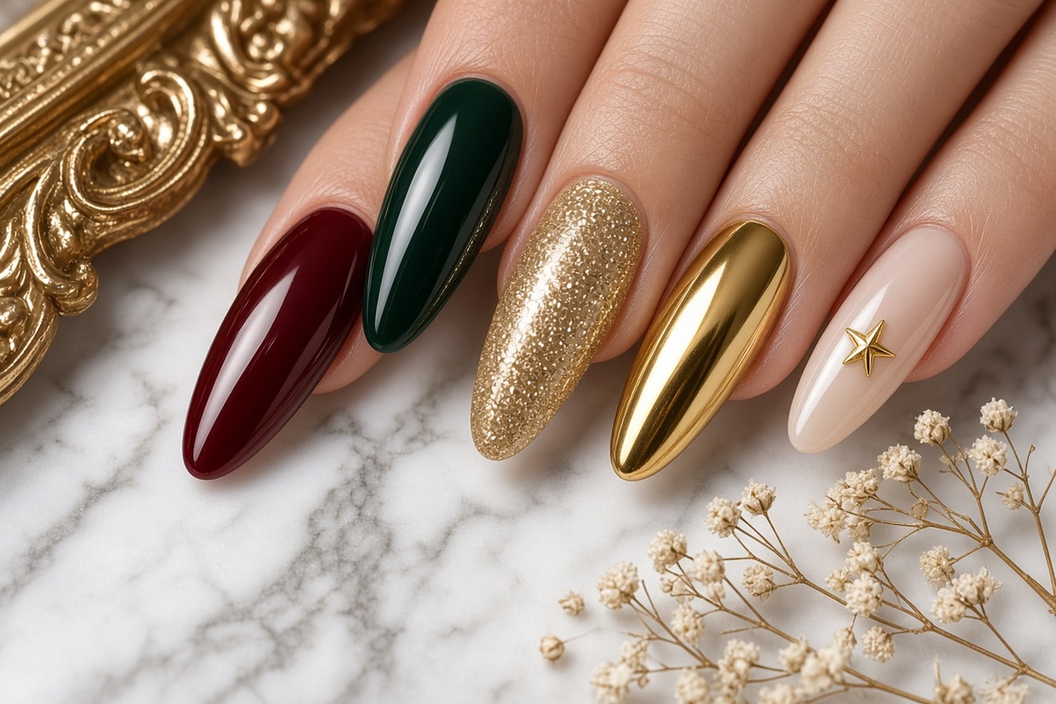 Close-up of a luxury Christmas manicure in festive tones at NAB Nail Bar in Las Vegas