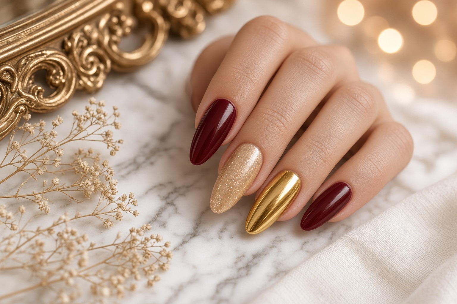 Hand wearing a luxury Christmas manicure at NAB Nail Bar in Las Vegas