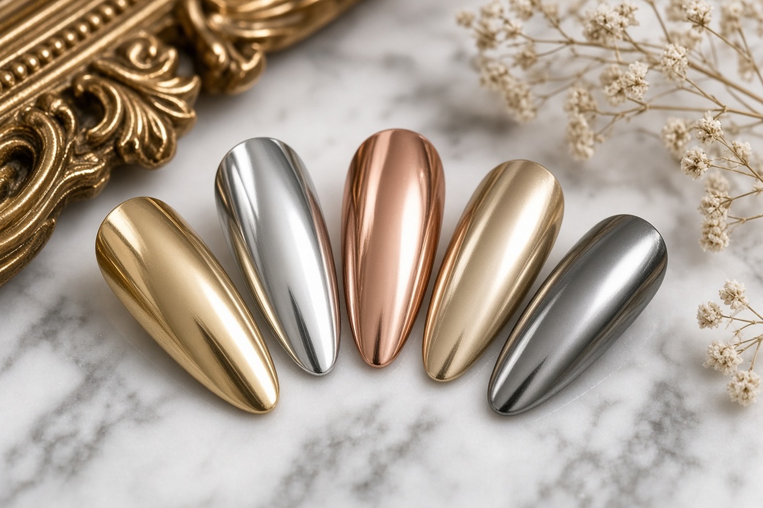 Close-up of chrome nails in gold, silver and rose gold mirror finishes at NAB Nail Bar in Las Vegas
