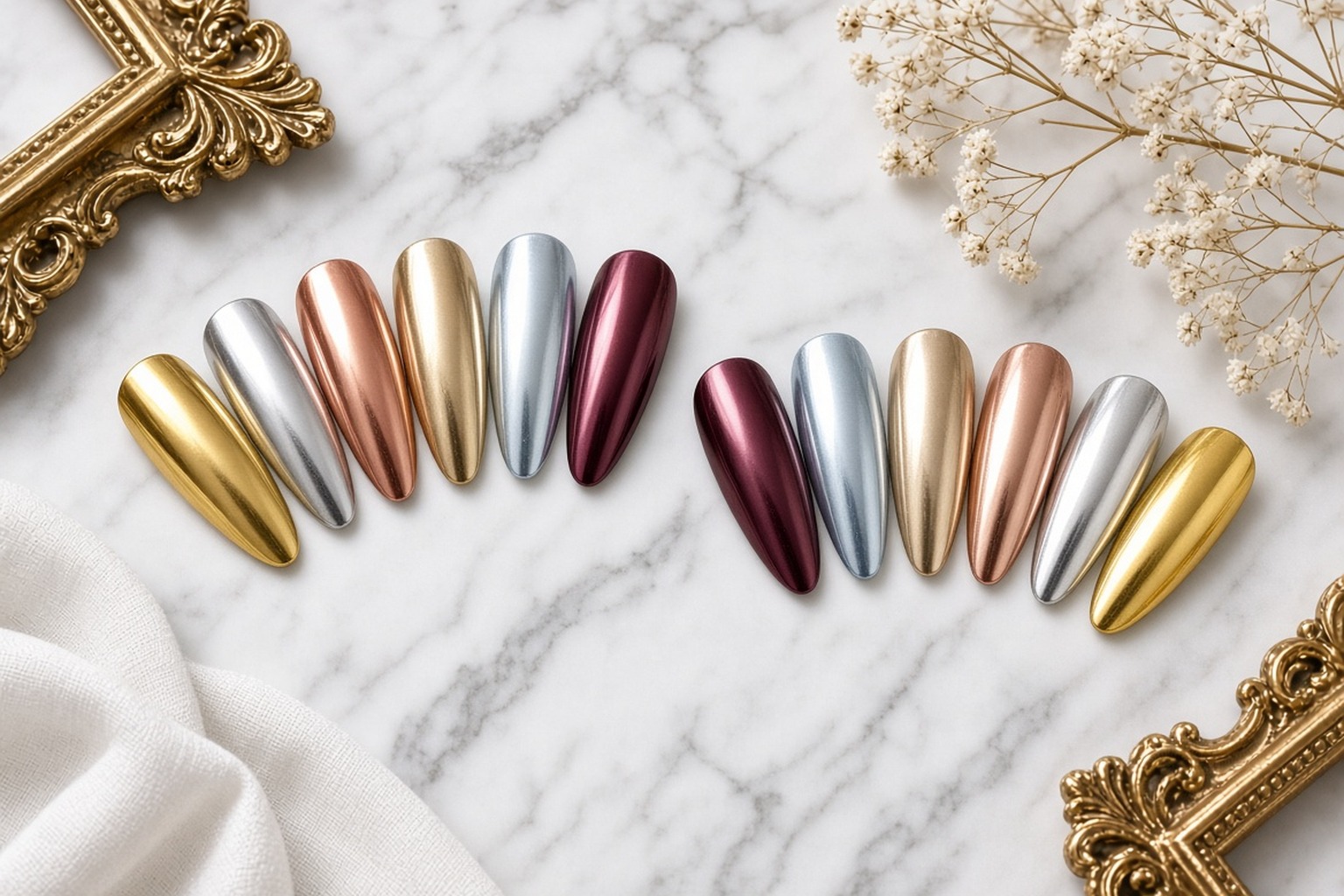 Chrome nail shades in gold, silver, rose gold and burgundy at NAB Nail Bar in Las Vegas