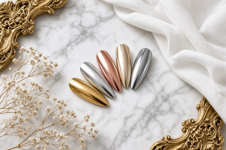 Chrome mirror nails in gold silver and rose gold at nab nail bar in las vegas nab nail bar | nails lashes and beauty in las vegas