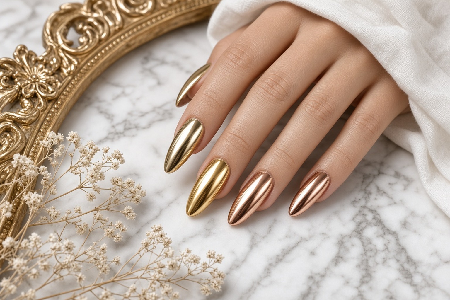 Hand wearing a gold and rose gold chrome manicure at NAB Nail Bar in Las Vegas