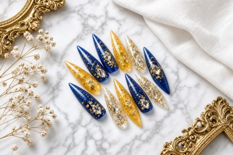 Dazzling Nail Extensions Las Vegas Nab Nail Bar | Nails Lashes and Beauty in Las Vegas Navy and gold stiletto nail extensions with hand painted art at nab nail bar in las vegas nab nail bar | nails lashes and beauty in las vegas
